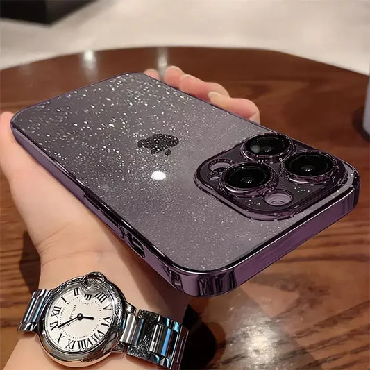 Glitter Clear Electroplated Case For iPhone 16 15 14 Plus 13 12 Pro Max Hard PC Lens Film Protective Transparent Bumper Cover